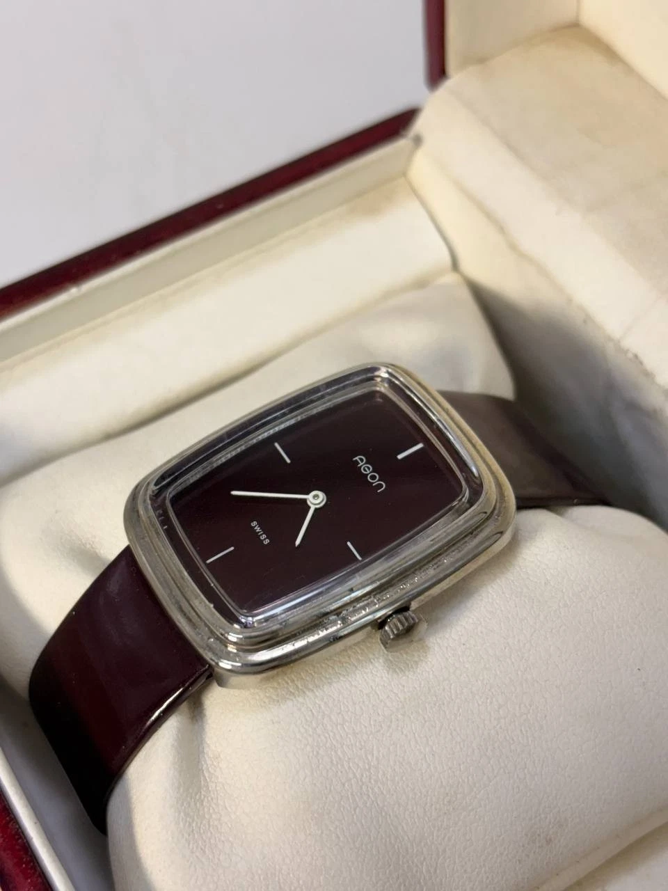 Vintage 1970s Agon Swiss Burgundy Dial TV Case Manual Wind Watch 31x37mm Tank image 21