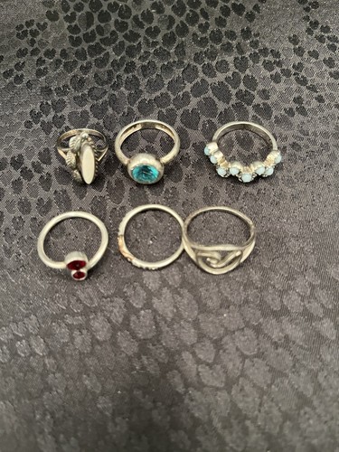 A Group Lot Of 6 Art Deco 925 Sterling Silver Rings Rhinestones Faux Turquoise - Picture 1 of 16