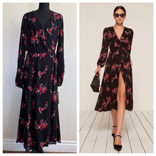 Reformation Womens Nicole Wrap Floral Midi Dress Long Sleeve Size L Boho Cottage