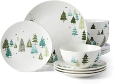 893565 Balsam Lane 12-Piece Dinnerware Set, Green, Christmas, Holiday Hosting