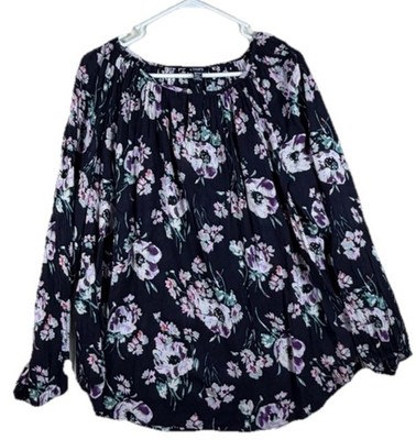 Chaps Womens 2X Floral Peasant Blouse Navy Blue Purple Long Sleeve Top New
