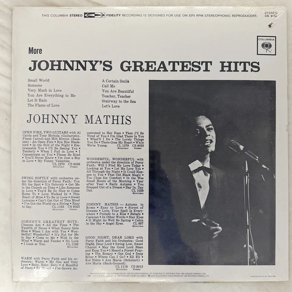 JOHNNY MATHIS- Johnnys Greatest Hits Vinyl 12" IMPORT VINTAGE NEW SEALED - Image 2 of 2