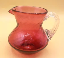 Vtg Cranberry Swirl Glass Small Pitcher Clear Ribbed Applied Handle 1960s