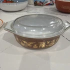 Vintage Pyrex Early American Brown & Gold Oval Casserole Dish 1-1/2 Qt w/Lid 043