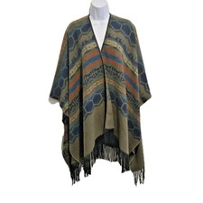 Women's Cape Shawl Fringed Hem Multicolor Soft Abstract Linear Pattern One Size