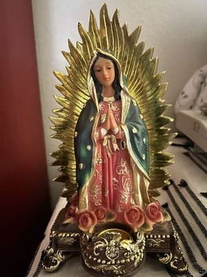 Holy water holder right in front Our Lady Guadalupe Virgin Mary Catholic Statue 