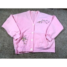 Vtg Pink Bird Cardigan Sweatshirt - 90s Chickadee Nature Art - 21" Chest Medium
