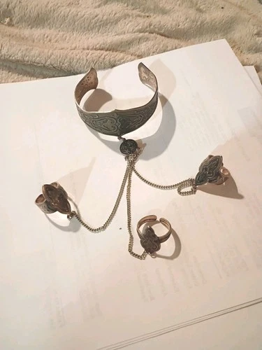 Vintage Native American Sterling Silver ?Slave  Bracelet And  3 Ring Set Chained