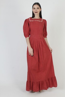 Vtg 70s Pilgrim Folk Dress Red Floral Western Long Country Saloon Homespun  Maxi | eBay