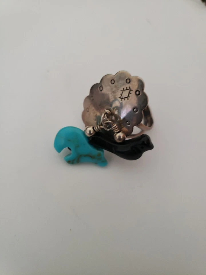Anillo Nativo Americano CJD Turquesa Negro Ónix Oso Pájaro Plata Esterlina Talla 6.25 Foto 3 de 4