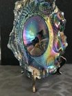 Indiana Glass Vintage Blue Iridescent Carnival Glass Diamond Ruffle Dish Bowl