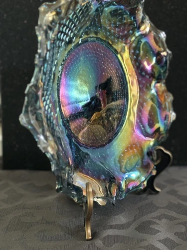 Indiana Glass Vintage Blue Iridescent Carnival Glass Diamond Ruffle Dish Bowl