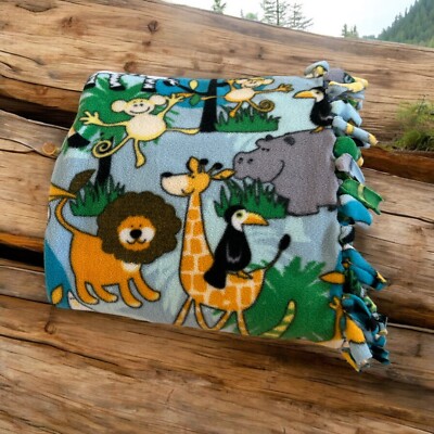 Blue Fleece Blanket Hand Tied Safari Zip Animals Blue Lion Hippo Knot Blanket