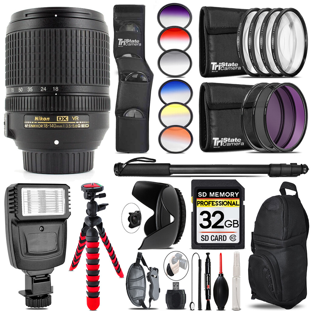 Nikon AF-S DX NIKKOR 18-140mm ED VR Lens + Flash + Color Filter