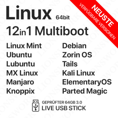 Linux 12in1 Multiboot -64bit- 64GB USB-Stick 3.0 Ubuntu Mint Tails Kali Lubuntu