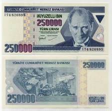 TURKEY  250,000 (1/4 MILLION) LIRA P-211 1998  ATATURK MONUMENT UNC BANKNOTE