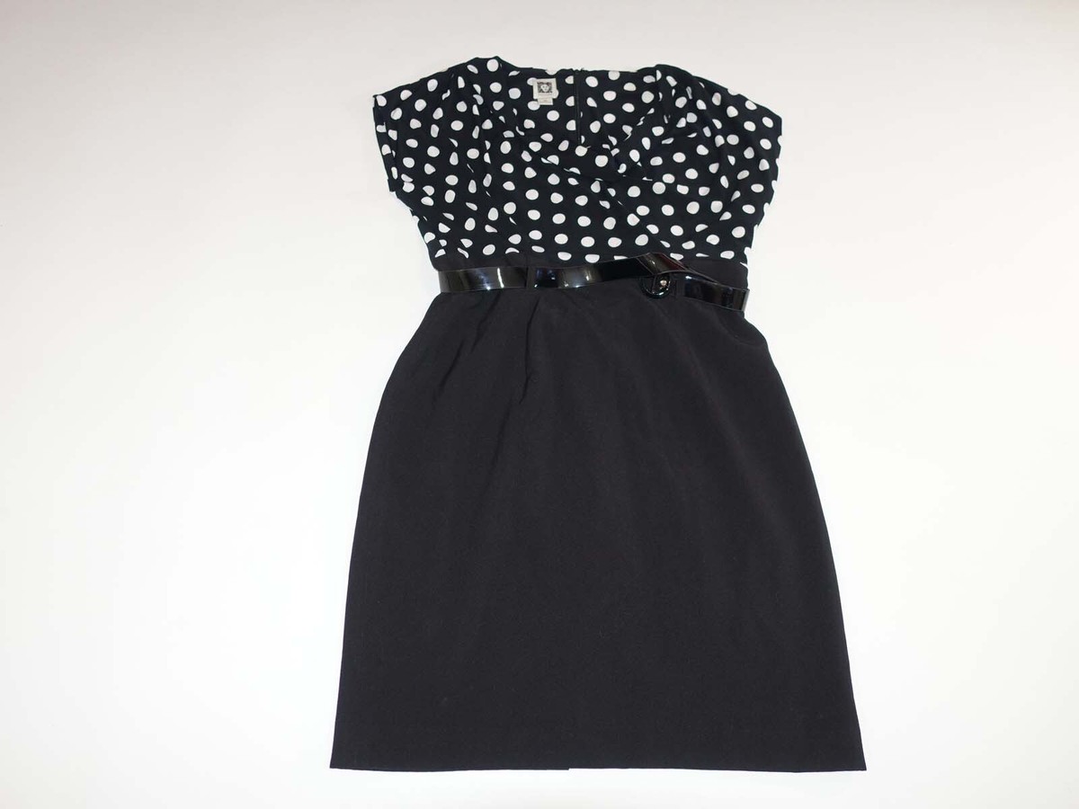 Anne Klein Womens Empire Waist Dress Size 10 Short Sleeves Black White  Polka Dot