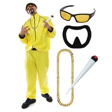 90'S RAPPER MENS FANCY DRESS COSTUME YELLOW TRACKSUIT GLASSES CHAIN BEARD PROP