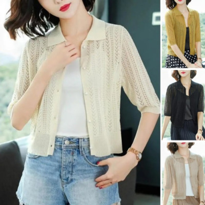 Women Hollow Knitted Cardigan Crochet Shawl Jacket Half Sleeve Sweater