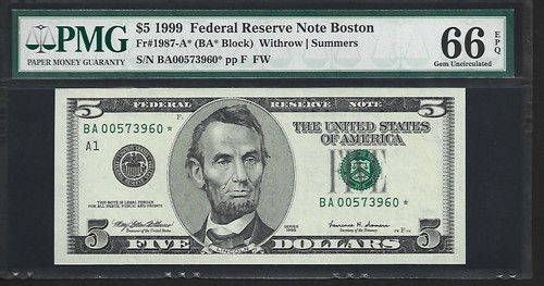 US 5 $ 1999 PMG 66 EPQ UNC Fr #1987-A* Star Note FRN Boston Withrow/Summers