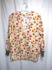 Peaches Scrub Top Sz L Multi Color Long Sleeve Button Front V Neck Pockets Work