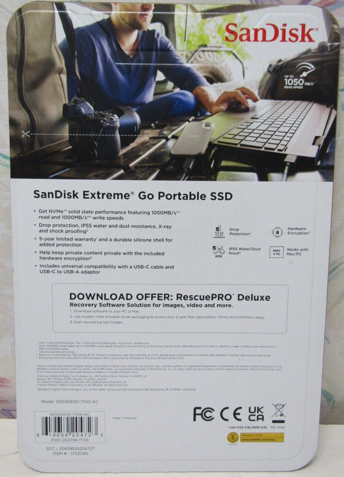 SanDisk NVMe Extreme Go Portable 1TB External SSD USB 3.2 Gen 2 USBC