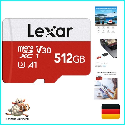 Lexar Micro SD Karte 512GB, Speicherkarte Micro SD mit Adapter, Bis zu 100 MB...