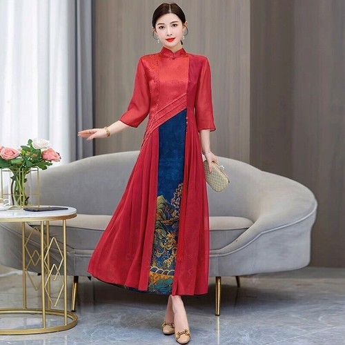 Lady Irregular Printed Long Qipao Cheongsam Dress 3/4 Sleeve Elegant Chinese - Picture 5 of 6