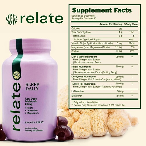 RELATE SLEEP DAILY GUMMIES MUSHROOM INFUSED SLEEP SUPPORT W/ LOW-DOSE MELATONIN - Picture 2 of 5