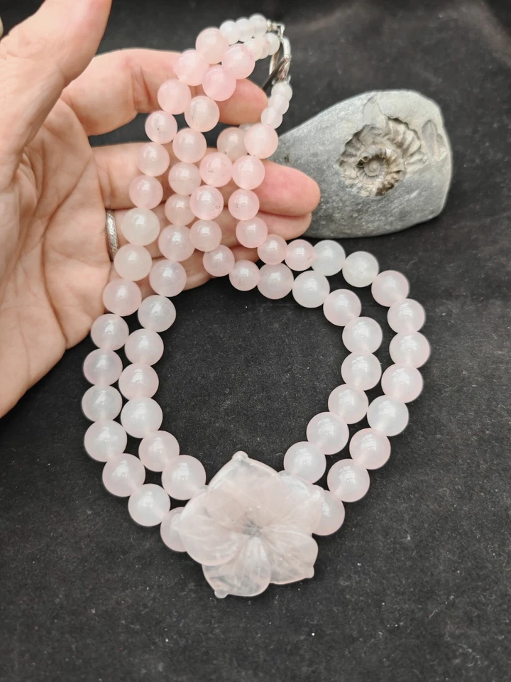 Enorme collar de plata de ley 925 con cuentas de doble piedra preciosa de cuarzo rosa flor tallada Foto 4 de 4