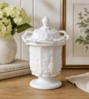 VTG Westmoreland Milk Glass Paneled Grape Lace Edge Candy Dish with Lid 7” Tall
