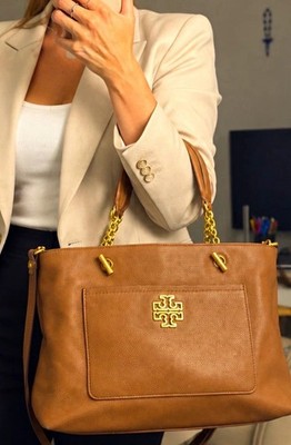 Tory Burch Brown Pebbled Leather Tote Bag Gold Hardware Shoulder Bag