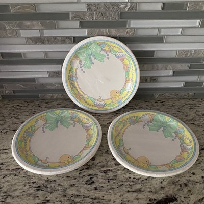 Baby shower plates vintage 7'' round ducks bottles rattles boys girls 24 Count