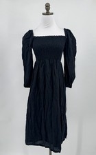 J.CREW Black Linen Daydream Dress XS Smocked Puff Sleeve Midi