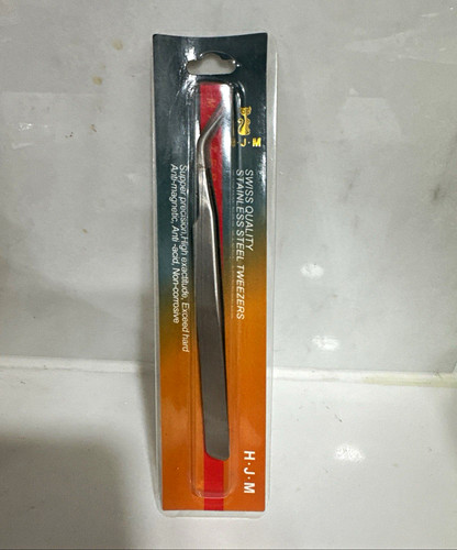 HJM Stainless Steel Slanted Tip Tweezers 4 in Silver Non-Magnetic Anti-Acid