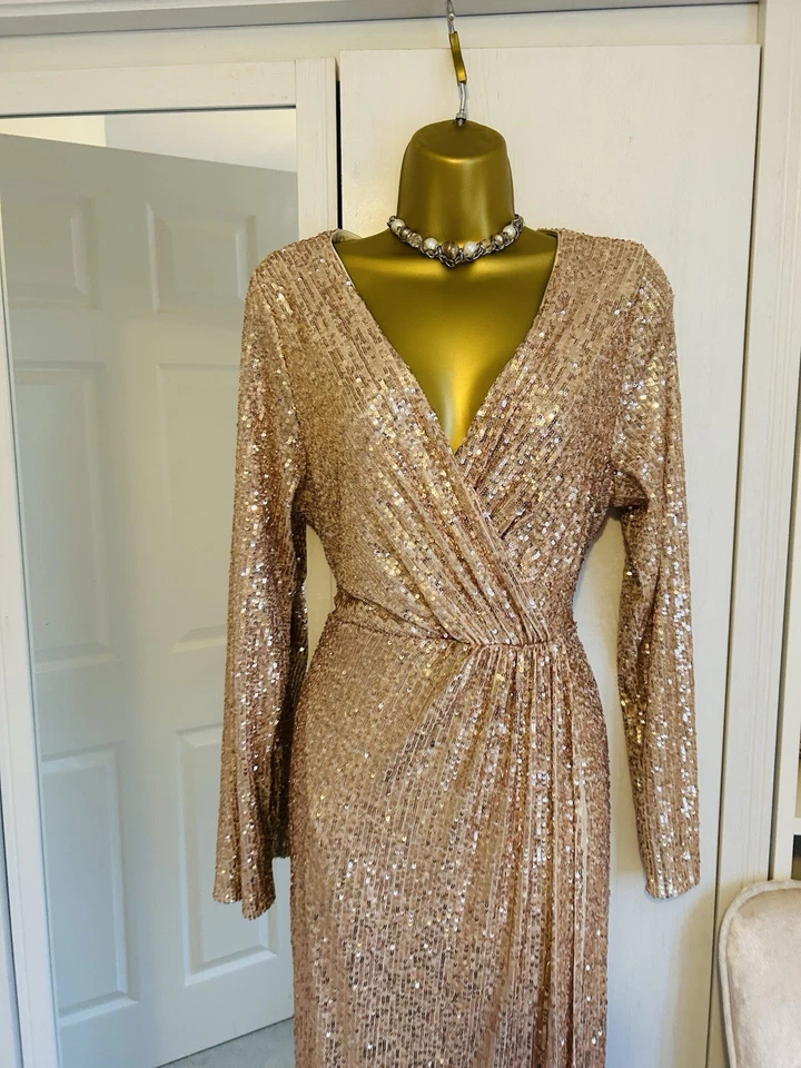 Quiz Gold Sequin Faux Wrap Stretch Long Evening Dress Size 18 Ball Cruise - image 2 of 4