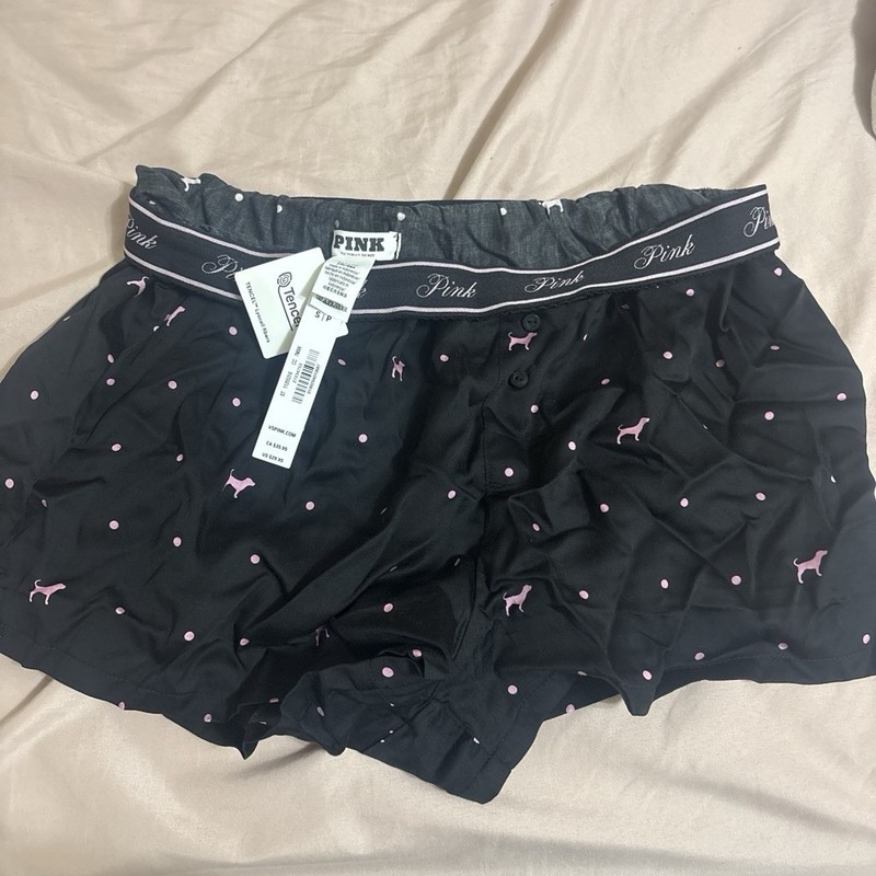 PINK Black/Pink Polka Dot Dog Sleep Shorts Elastic Logo Waist Cotton Sz S