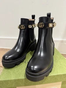 Gucci Bottes Chelsea Femme Noir Avec Ceinture Cristal GG UK 40