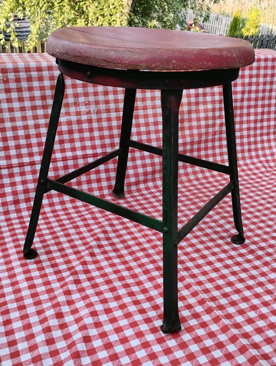 かずG Super Cool Vintage Industrial Workshop Stool Seat Wood & Metal 18