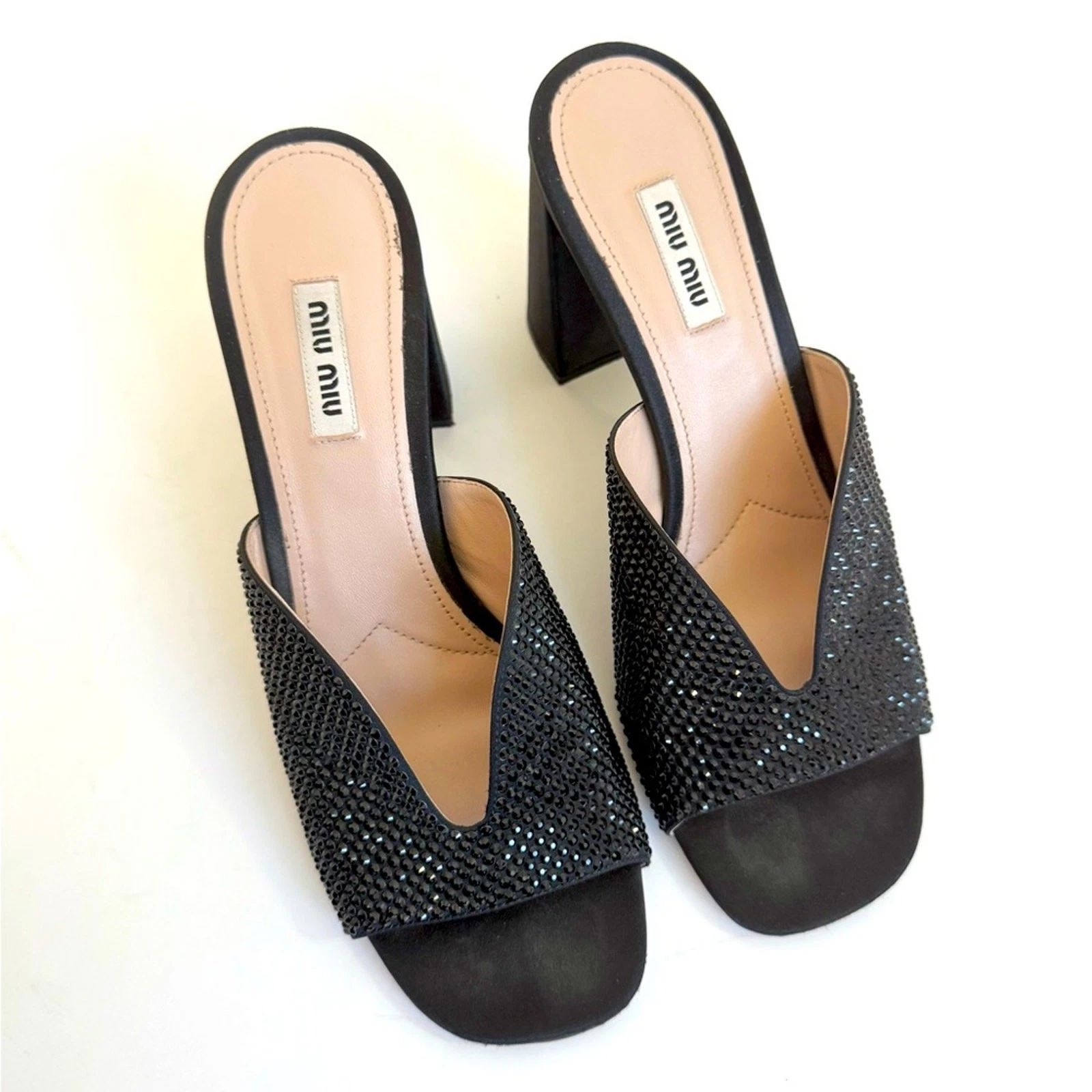Miu Miu — Miu Miu black Satin Leather Crystal embellished high heel slip on mules EU 40