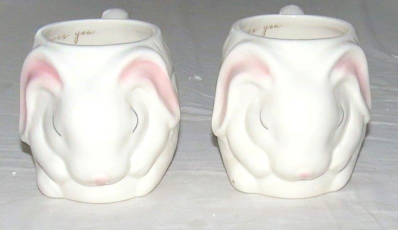 Williams Sonoma TWO 4 inch tall Some Bunny Loves Love Figural Rabbit Mugs