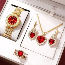 Watch Gift Set for Women Ladies red Gold Rhinestone Pieces of Jewellery