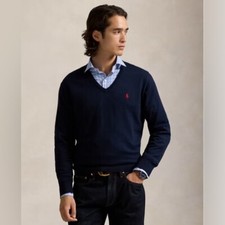 Men  s Polo V-Neck Long Sleeve Navy Sweater Size Large EUC