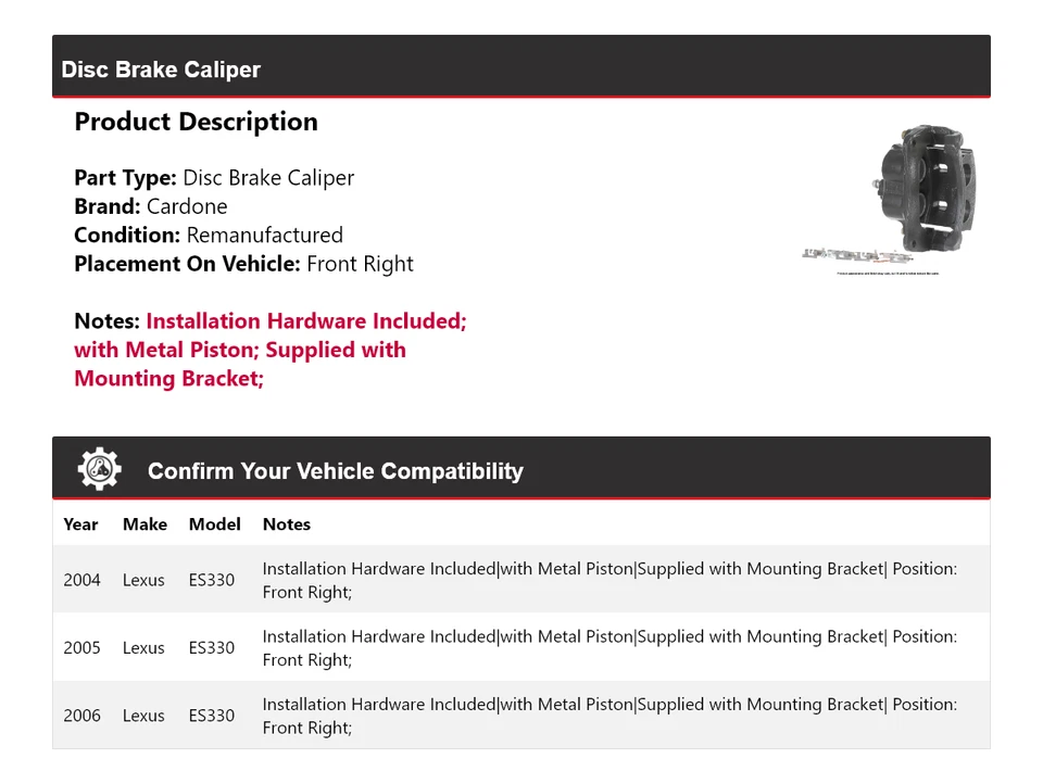 Pinza de freno de disco delantera derecha Cardone 2005 para Lexus ES330 2004-2006 Foto 2 de 4