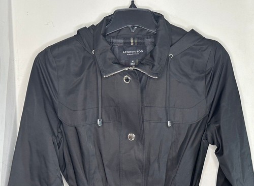NWT LONDON FOG Womens Coat Black M Midnight Navy Trench Hooded Belted Drawstring - Picture 3 of 11