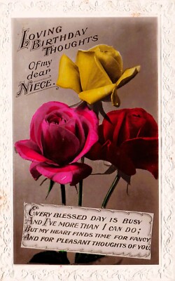 Vintage Birthday Card to Niece from Aunt Uncle Poem Yellow Rose Vtg Postcard G17