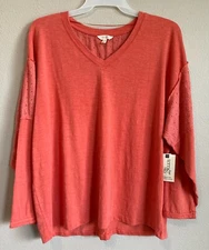 NWT Terra & Sky Women's 1X (16W-18W) Orange Coral V-Neck Eyelet Top Shirt Top