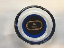 Vintage Meridien Hotel Clear Glass 3 Slot Round Ashtray ~ Blue & Gold Decoration