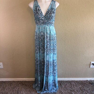 TART Blue Aqua White Tribal Print Sleeveless Long Soft V Neck Back Maxi  Dress S | eBay