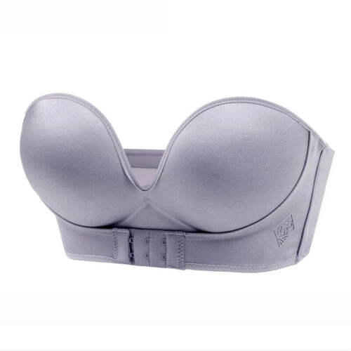 Invisible Push Up Bra Front Buckle Women Underwear Lingerie Strapless Gray 36B - Picture 1 of 12